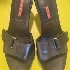 PRADA black leather slides 38-8 2 inch heel